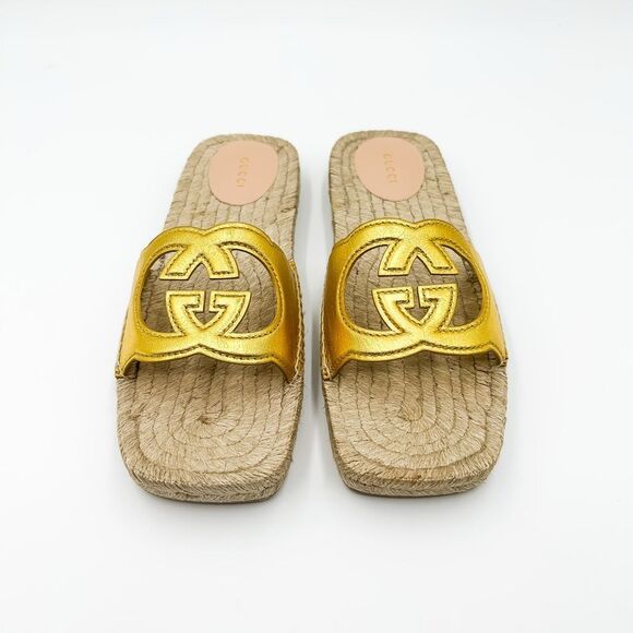 Gucci InterlockingGG Gold Leather Espadrille Sandals Slides Cutout Size 40, US 1 - Picture 4 of 13
